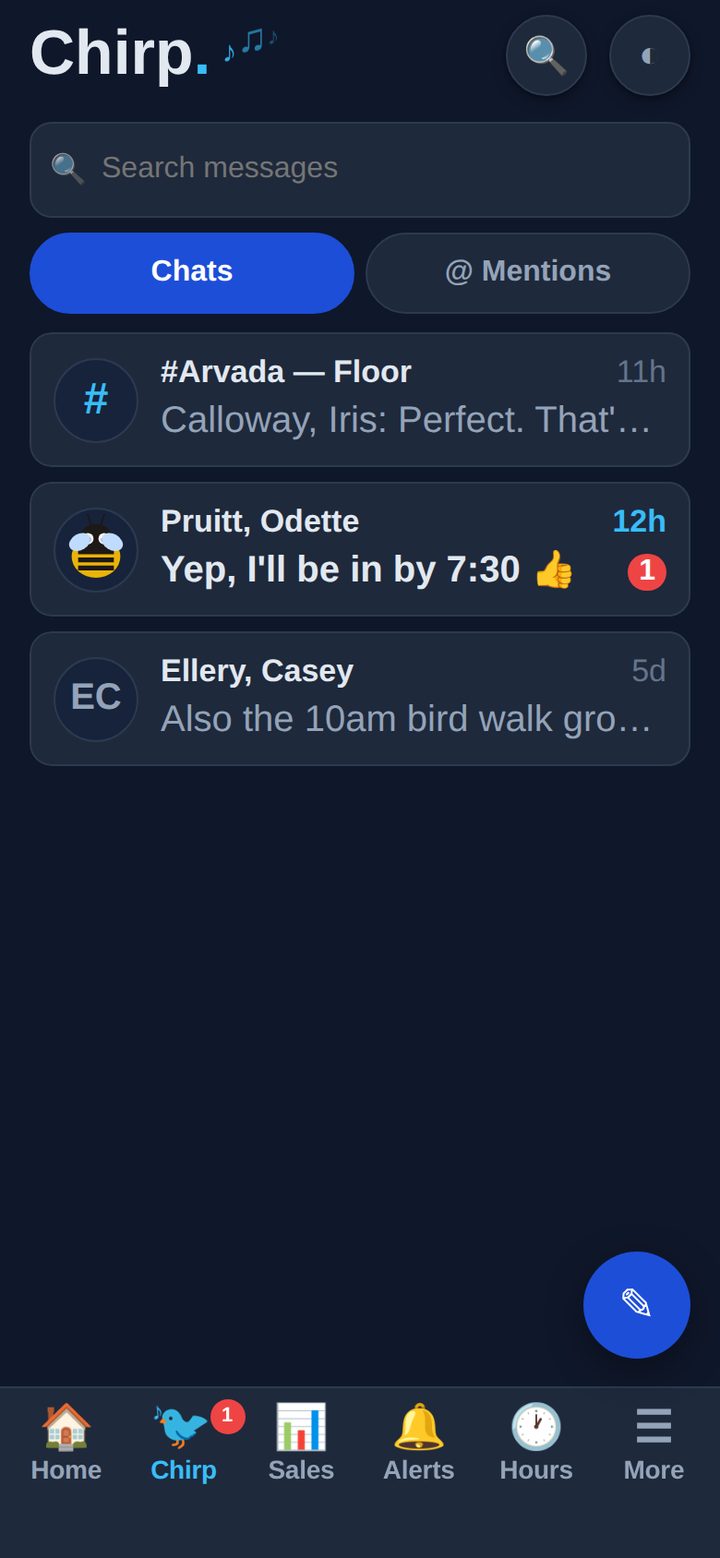 <b>Chirp</b><br>The evening shift, answered from the couch